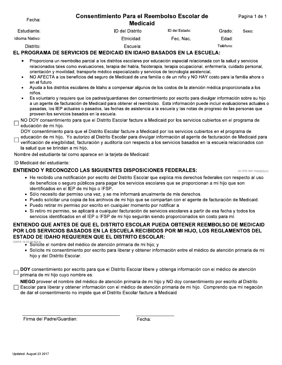 Consentimiento Para El Reembolso Escolar De Medicaid - Idaho (Spanish), Page 1