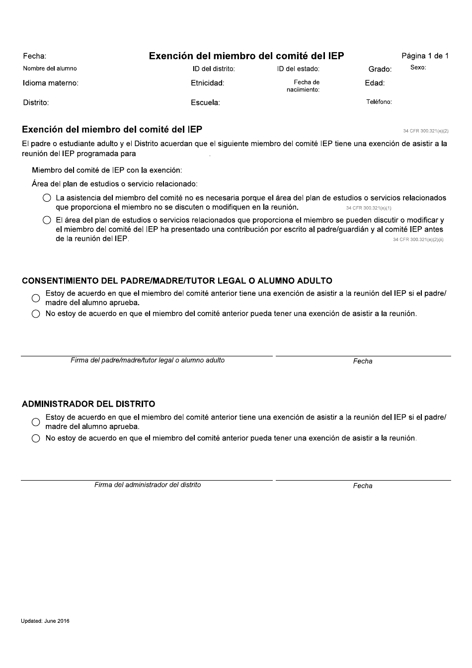 Exencion Del Miembro Del Comite Del Iep - Idaho (Spanish), Page 1