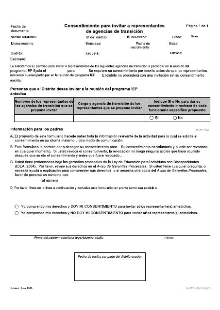 Consentimiento Para Invitar a Representantes De Agencias De Transicion - Idaho (Spanish)