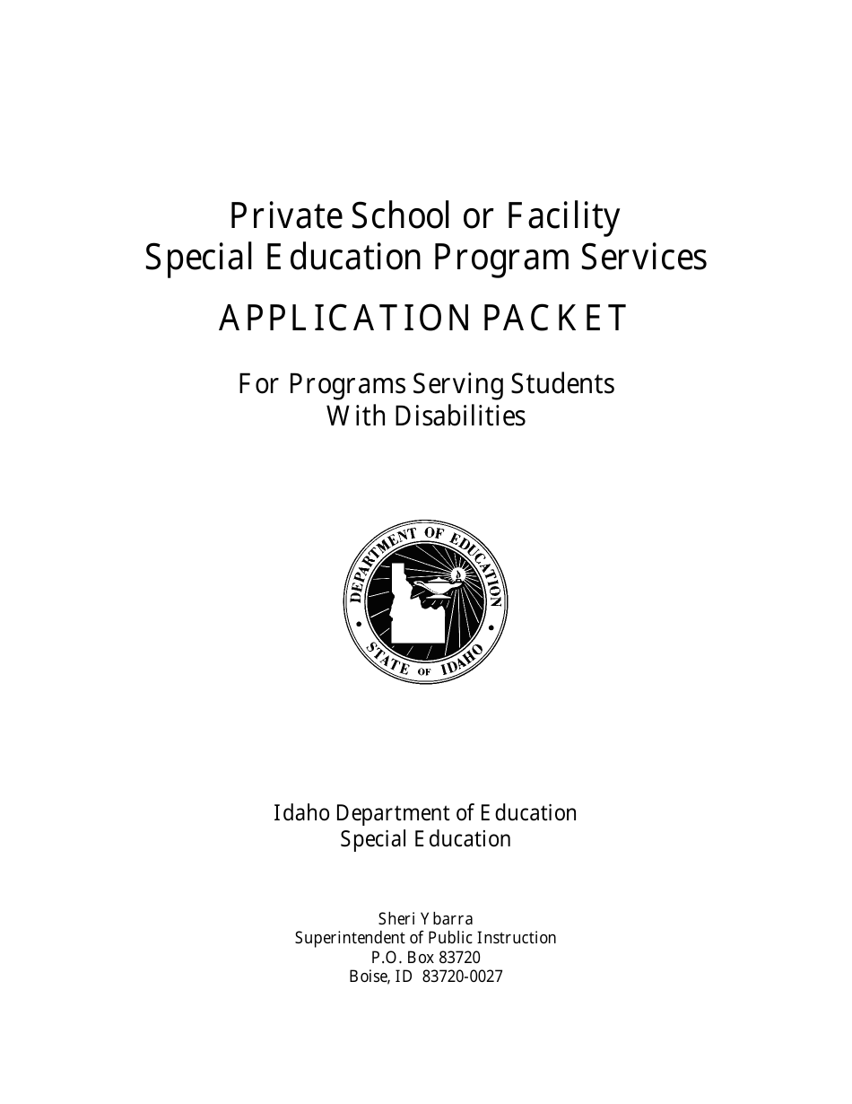 Application Packet for Private Schools or Facilities Providing Special Education Services - Idaho, Page 1