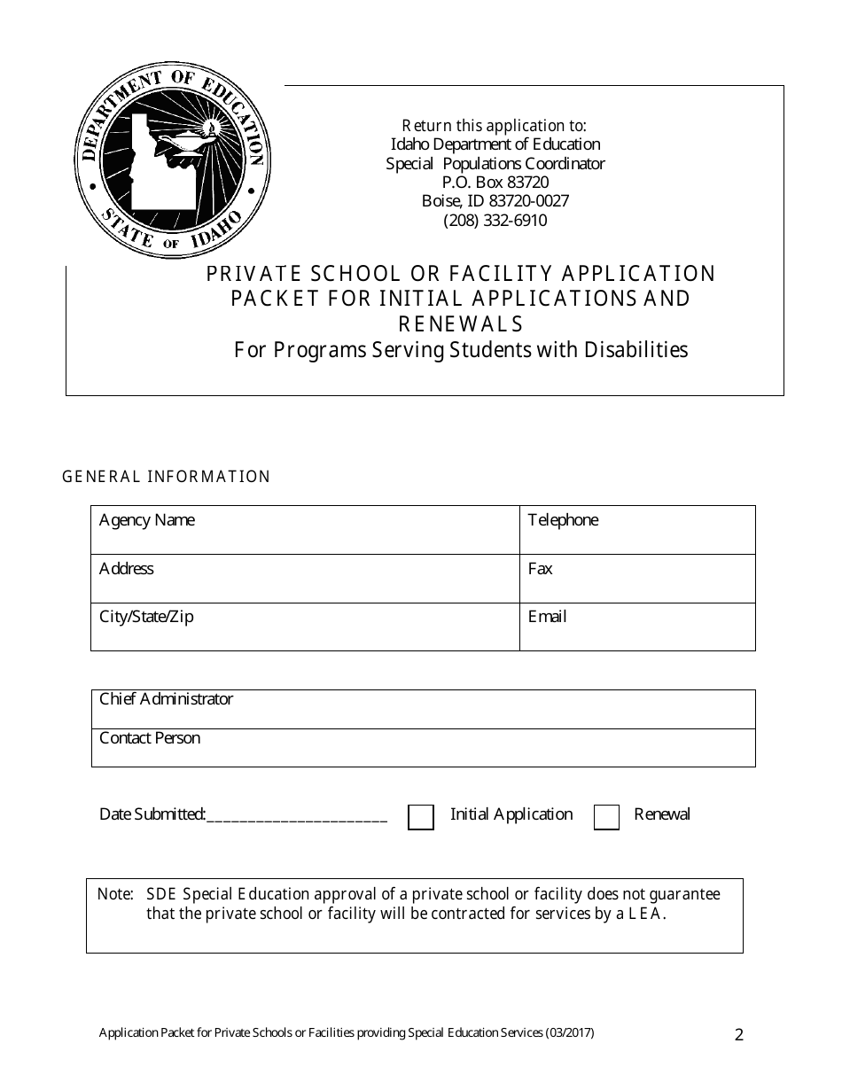 Application Packet for Private Schools or Facilities Providing Special Education Services - Idaho, Page 2