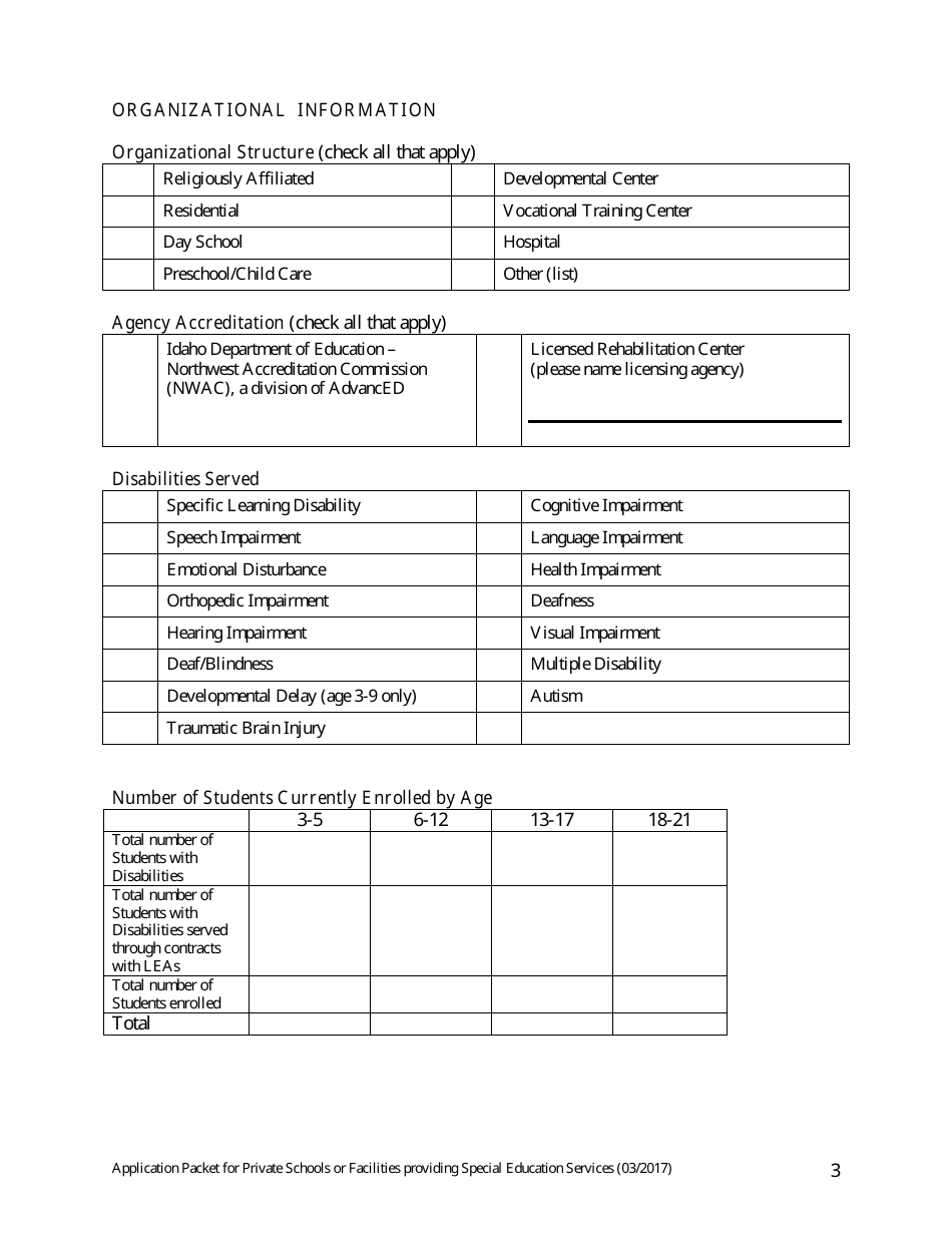 Application Packet for Private Schools or Facilities Providing Special Education Services - Idaho, Page 3