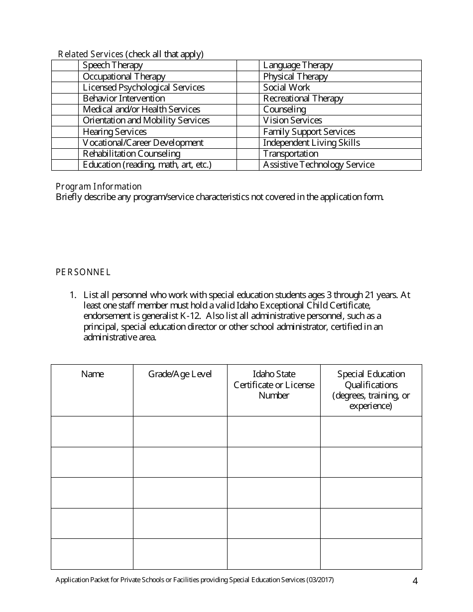 Application Packet for Private Schools or Facilities Providing Special Education Services - Idaho, Page 4