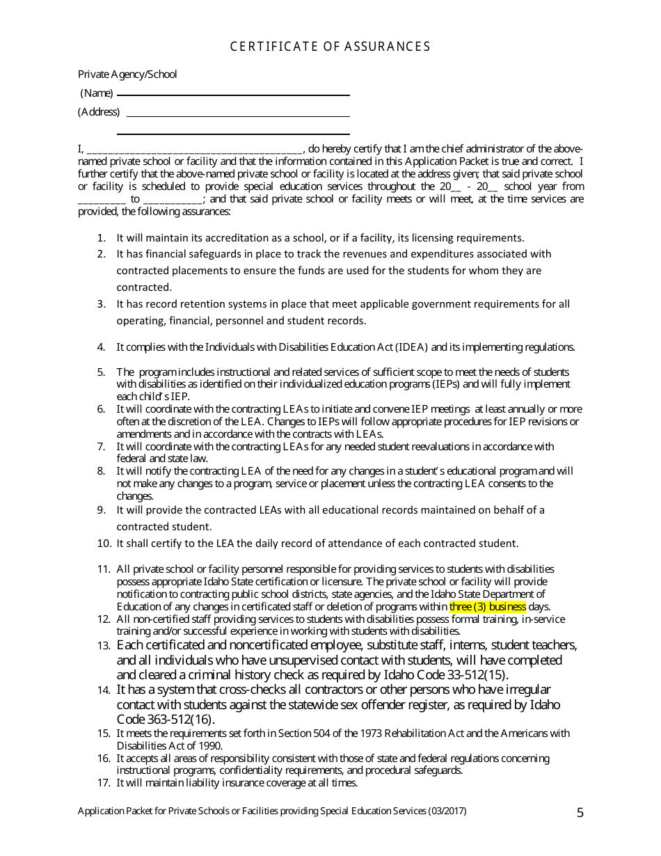 Application Packet for Private Schools or Facilities Providing Special Education Services - Idaho, Page 5