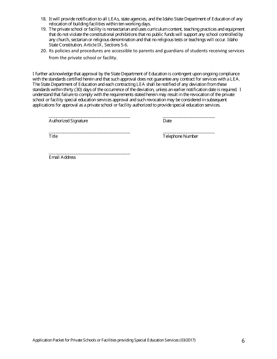 Application Packet for Private Schools or Facilities Providing Special Education Services - Idaho, Page 6