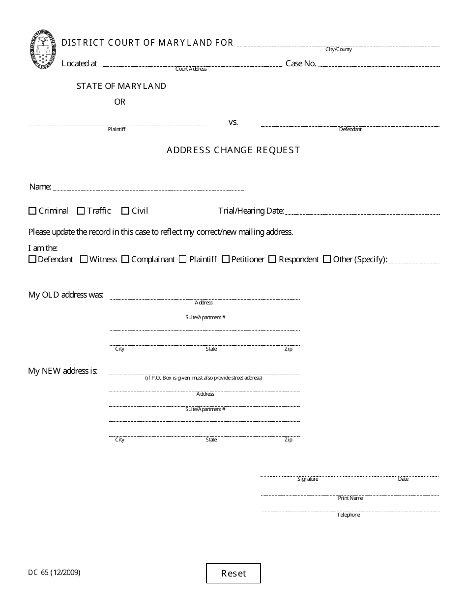 Form DC65 Address Change Request - Maryland, Page 1