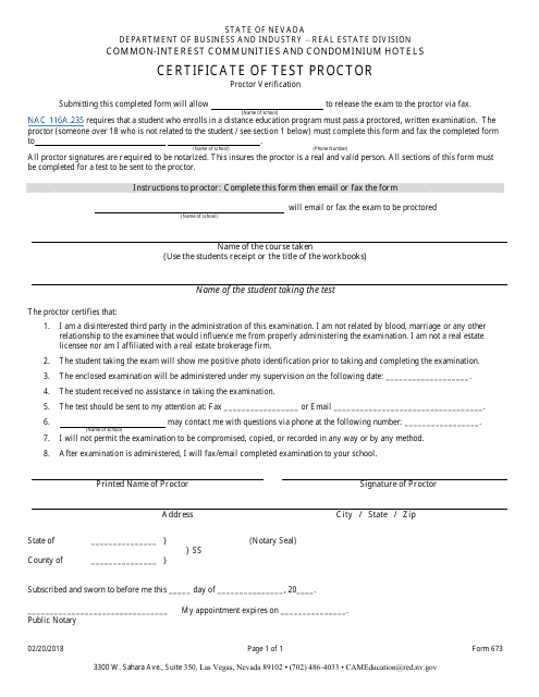 Form 673 Certificate of Test Proctor - Nevada