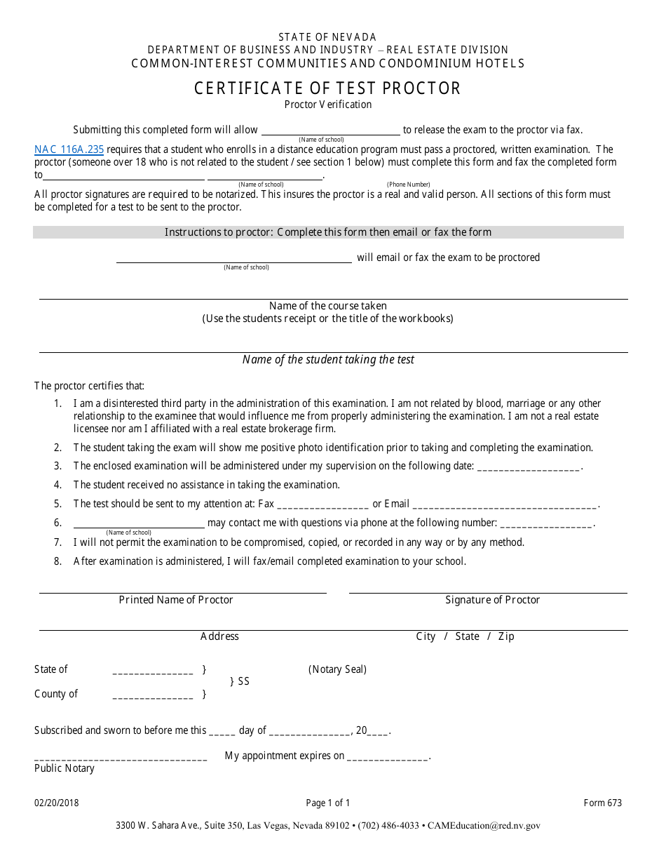 Form 673 Certificate of Test Proctor - Nevada, Page 1