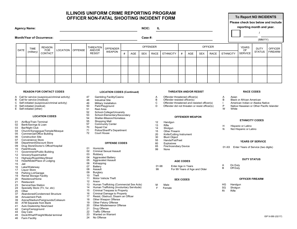 Form ISP9-089 Officer Non-fatal Shooting Incident Form - Illinois Uniform Crime Reporting Program - Illinois, Page 1