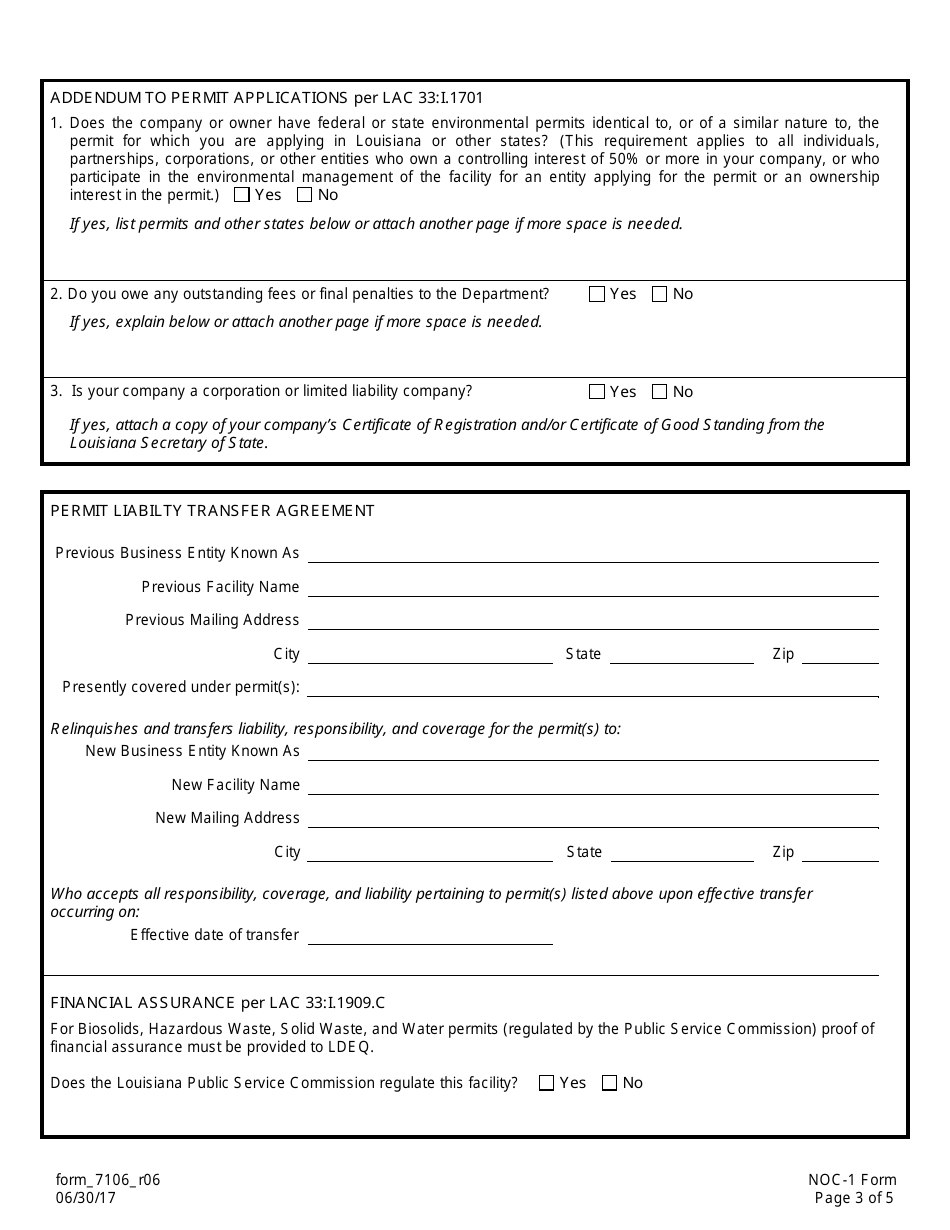 Form NOC-1 Notification of Change Form for Company Name Changes, Facility Name Changes, Permit Transfers, Ownership Changes, and / or Operator Changes (For All Media) - Louisiana, Page 3