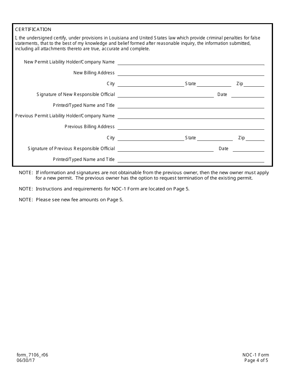Form NOC-1 Notification of Change Form for Company Name Changes, Facility Name Changes, Permit Transfers, Ownership Changes, and / or Operator Changes (For All Media) - Louisiana, Page 4