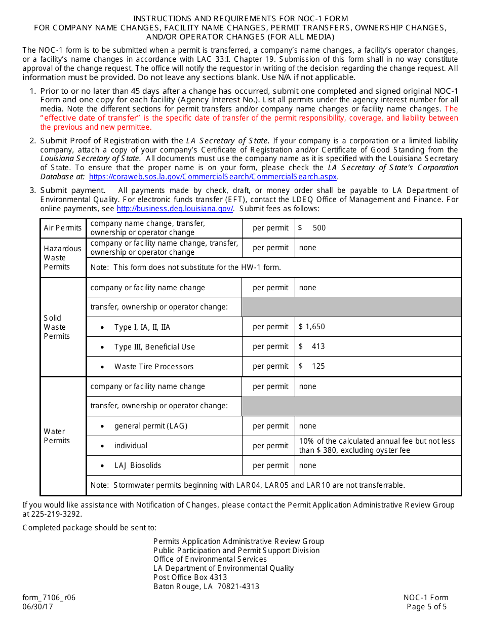 Form NOC-1 Notification of Change Form for Company Name Changes, Facility Name Changes, Permit Transfers, Ownership Changes, and / or Operator Changes (For All Media) - Louisiana, Page 5