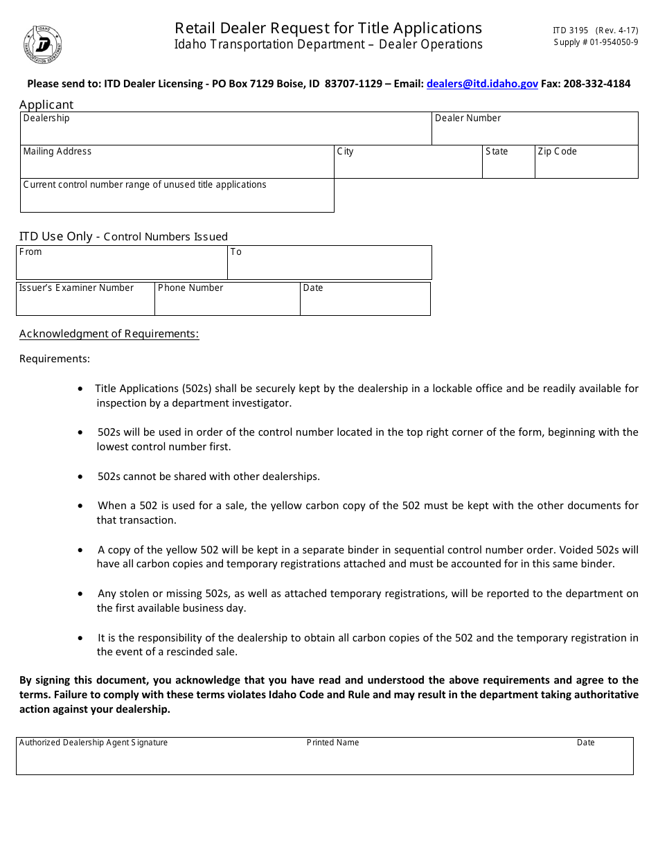 Form ITD3195 Retail Dealer Request for Title Applications - Idaho, Page 1