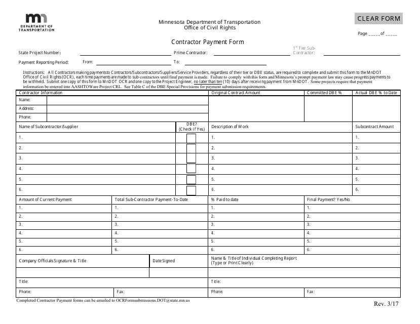 Contractor Payment Form - Minnesota