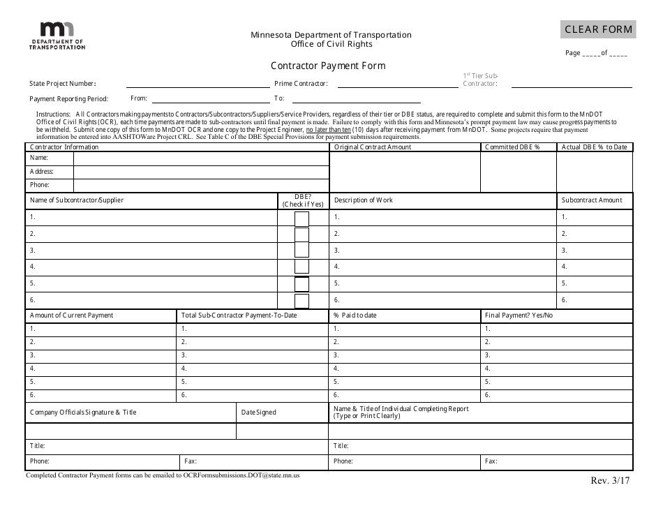 Contractor Payment Form - Minnesota, Page 1