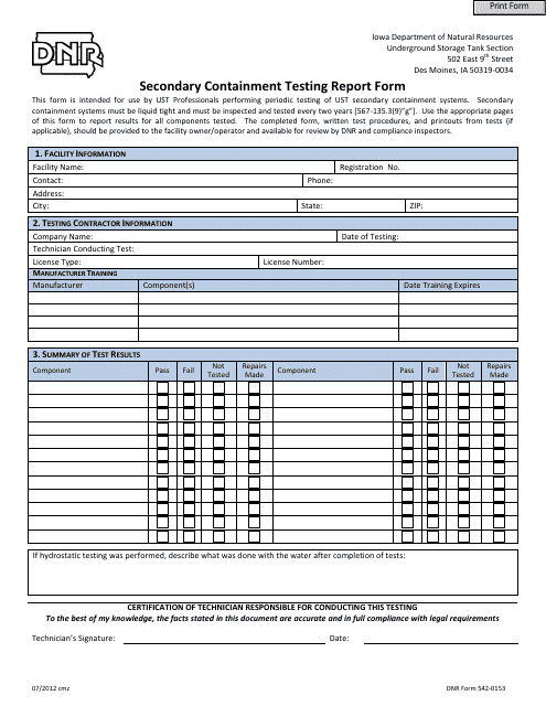 DNR Form 542-0153 Secondary Containment Testing Report Form - Iowa