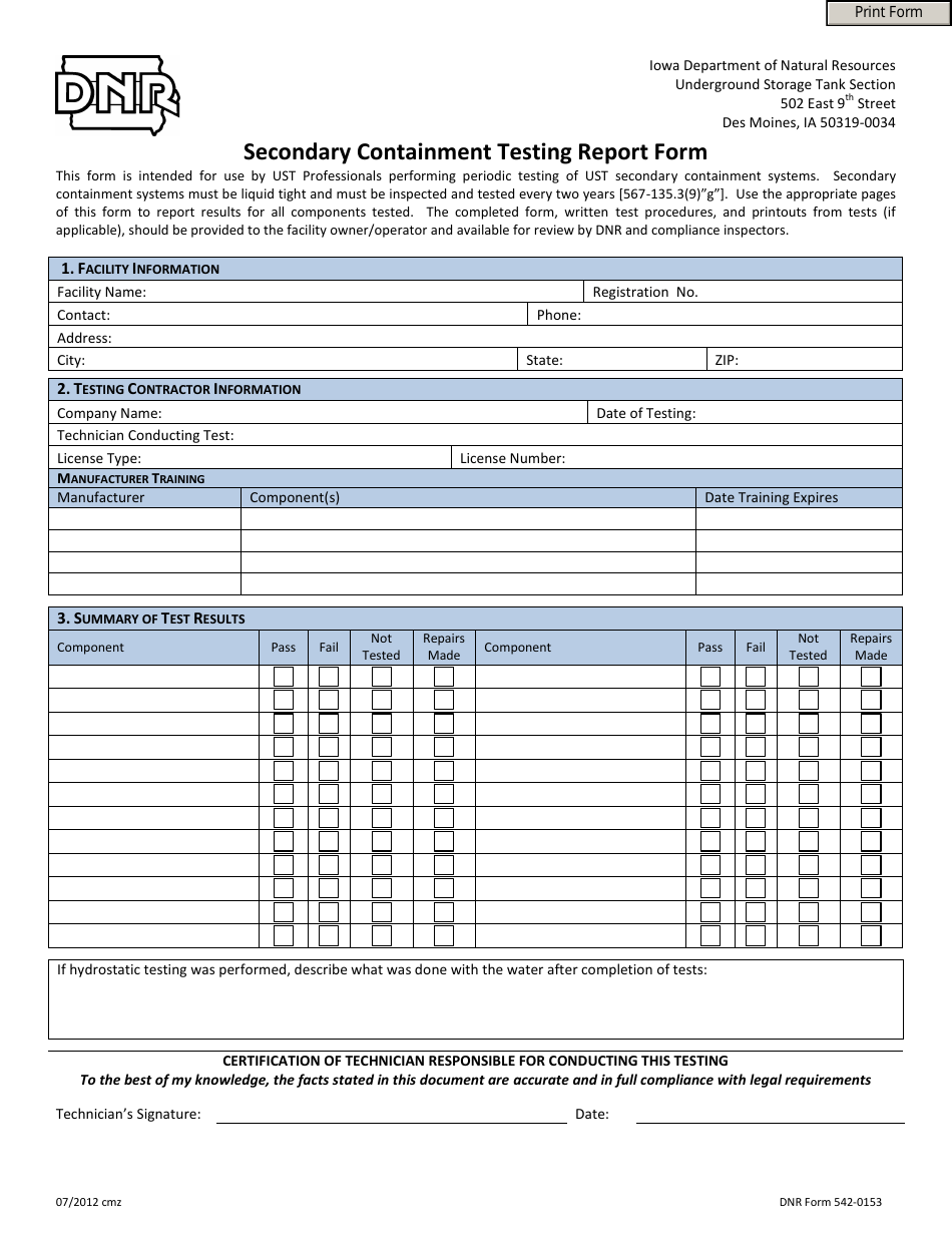 DNR Form 542-0153 Secondary Containment Testing Report Form - Iowa, Page 1