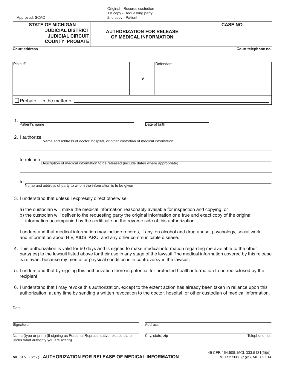 Form MC315 Authorization for Release of Medical Information - Michigan, Page 1