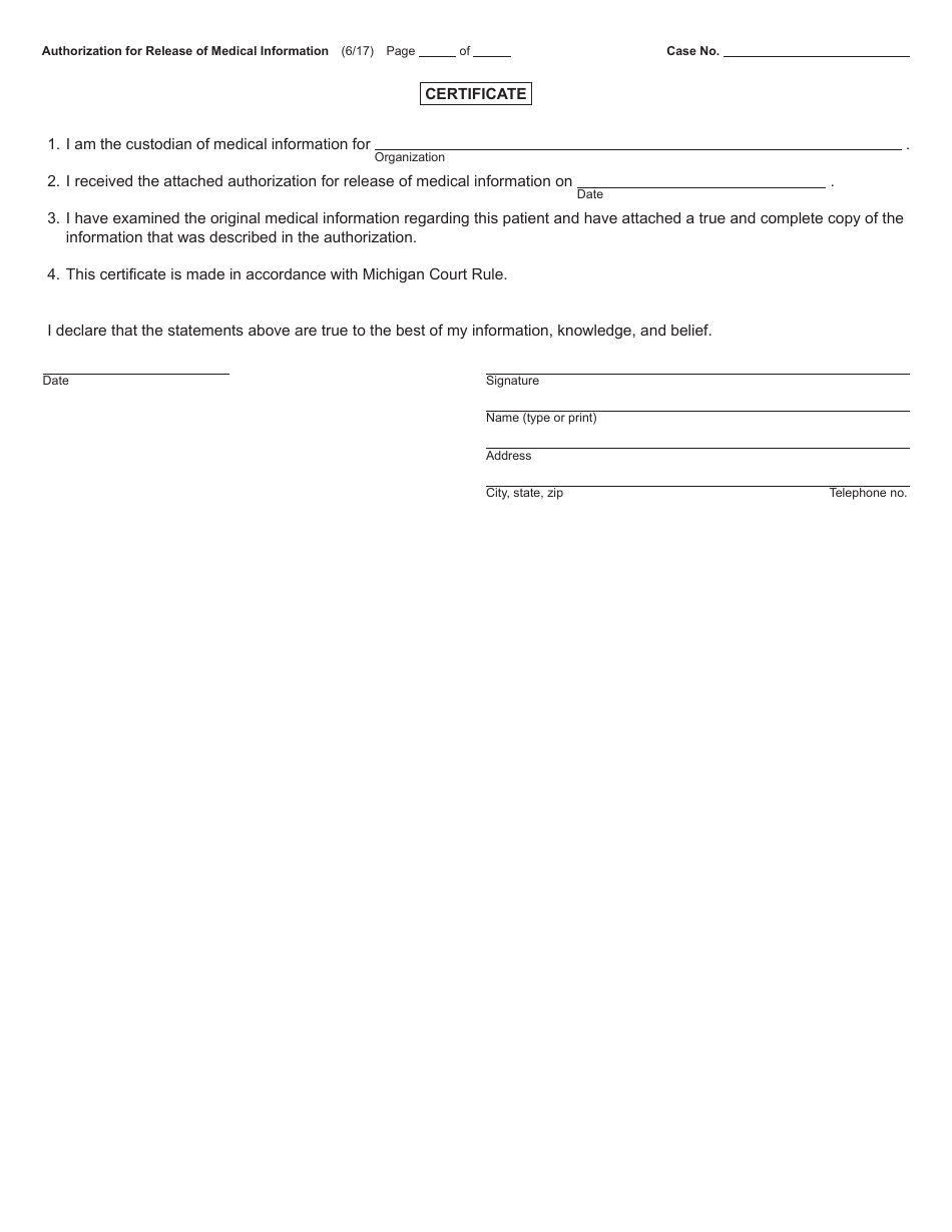 Form MC315 Authorization for Release of Medical Information - Michigan, Page 2