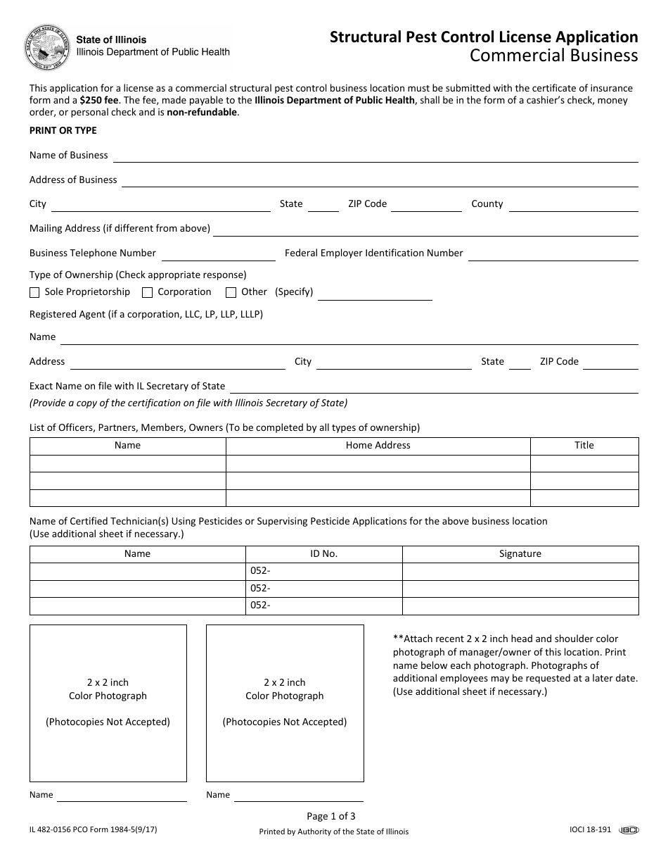 PCO Form 1984-5 (IL482-0156) Structural Pest Control License Application - Commercial Business - Illinois, Page 1