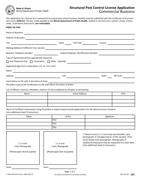 PCO Form 1984-5 (IL482-0156) Structural Pest Control License Application - Commercial Business - Illinois