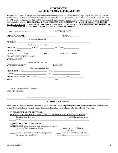 Form MS561 Confidential Eap Supervisory Referral Form - Maryland