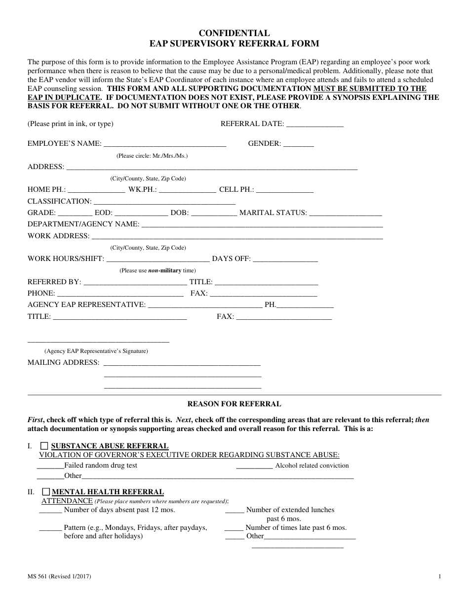 Form MS561 Confidential Eap Supervisory Referral Form - Maryland, Page 1