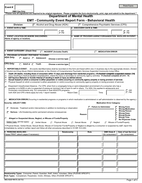 Form MO650-9475 Community Event Report Form - Emt - Behavioral Health - Missouri