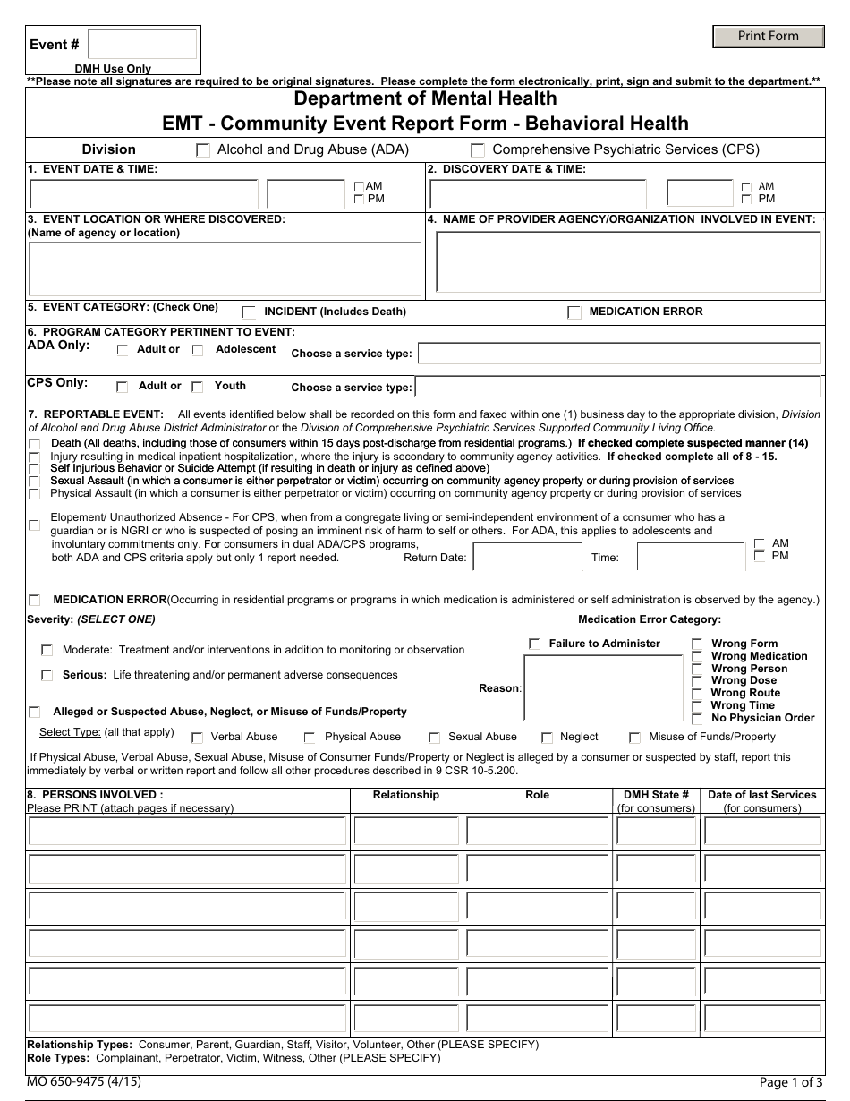 Form MO650-9475 Community Event Report Form - Emt - Behavioral Health - Missouri, Page 1