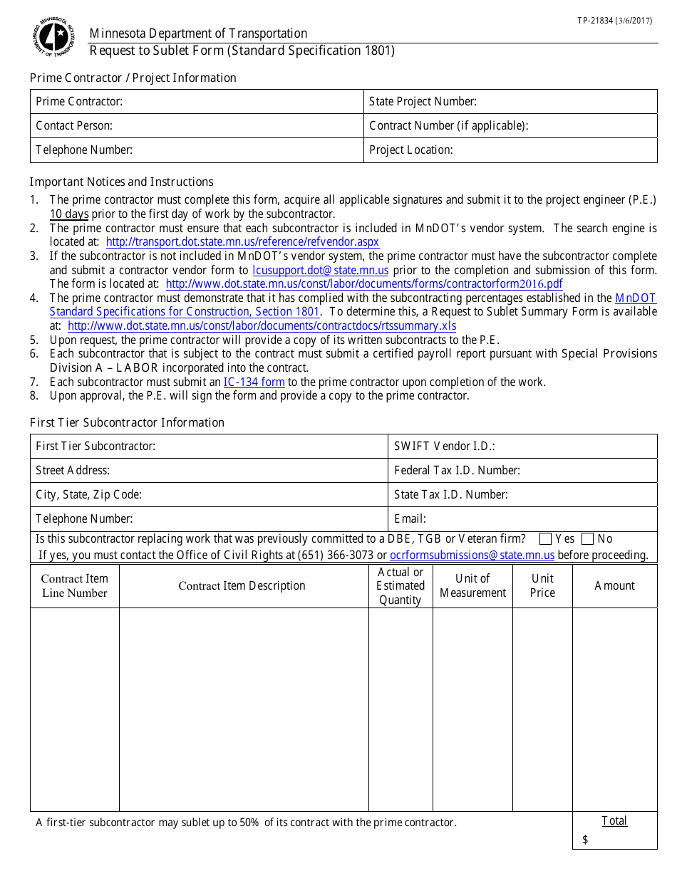 Form TP-21834 Request to Sublet Form (Standard Specification 1801) - Minnesota, Page 1