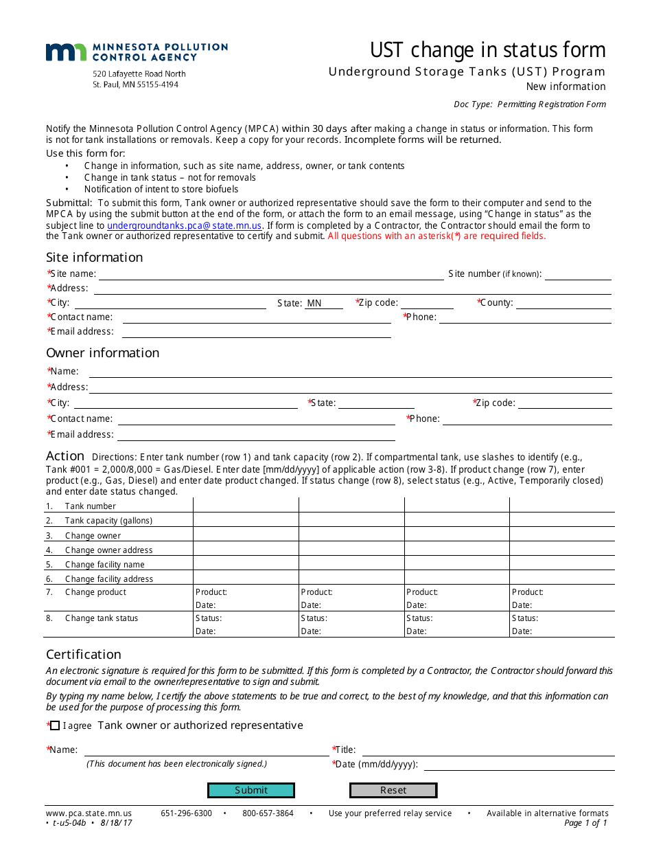 Form t-u5-04B Ust Change in Status Form - Minnesota, Page 1