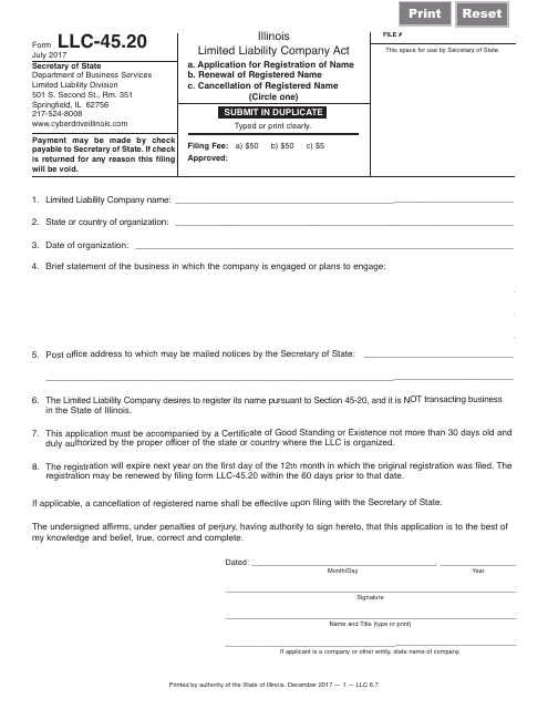 Form LLC-45.20 Application for Registration of a Name, Renewal or Cancellation of a Registered Name - Illinois