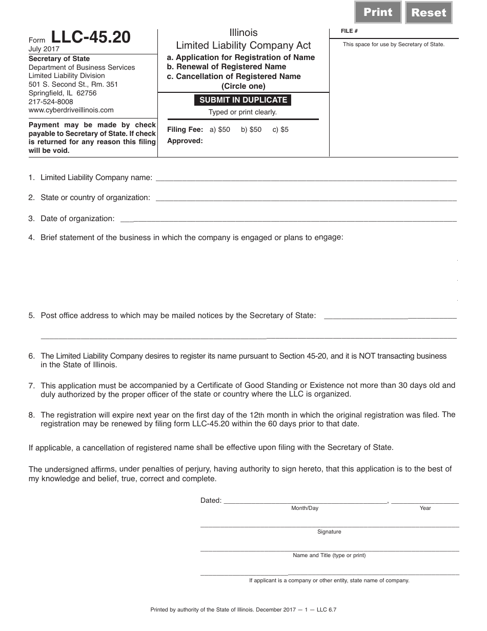 Form LLC-45.20 Application for Registration of a Name, Renewal or Cancellation of a Registered Name - Illinois, Page 1