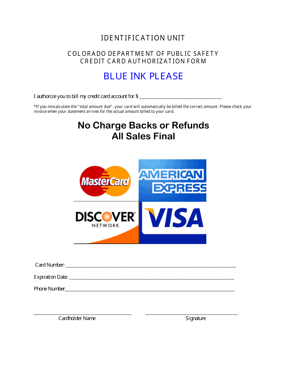 Credit Card Authorization Form - Colorado, Page 1