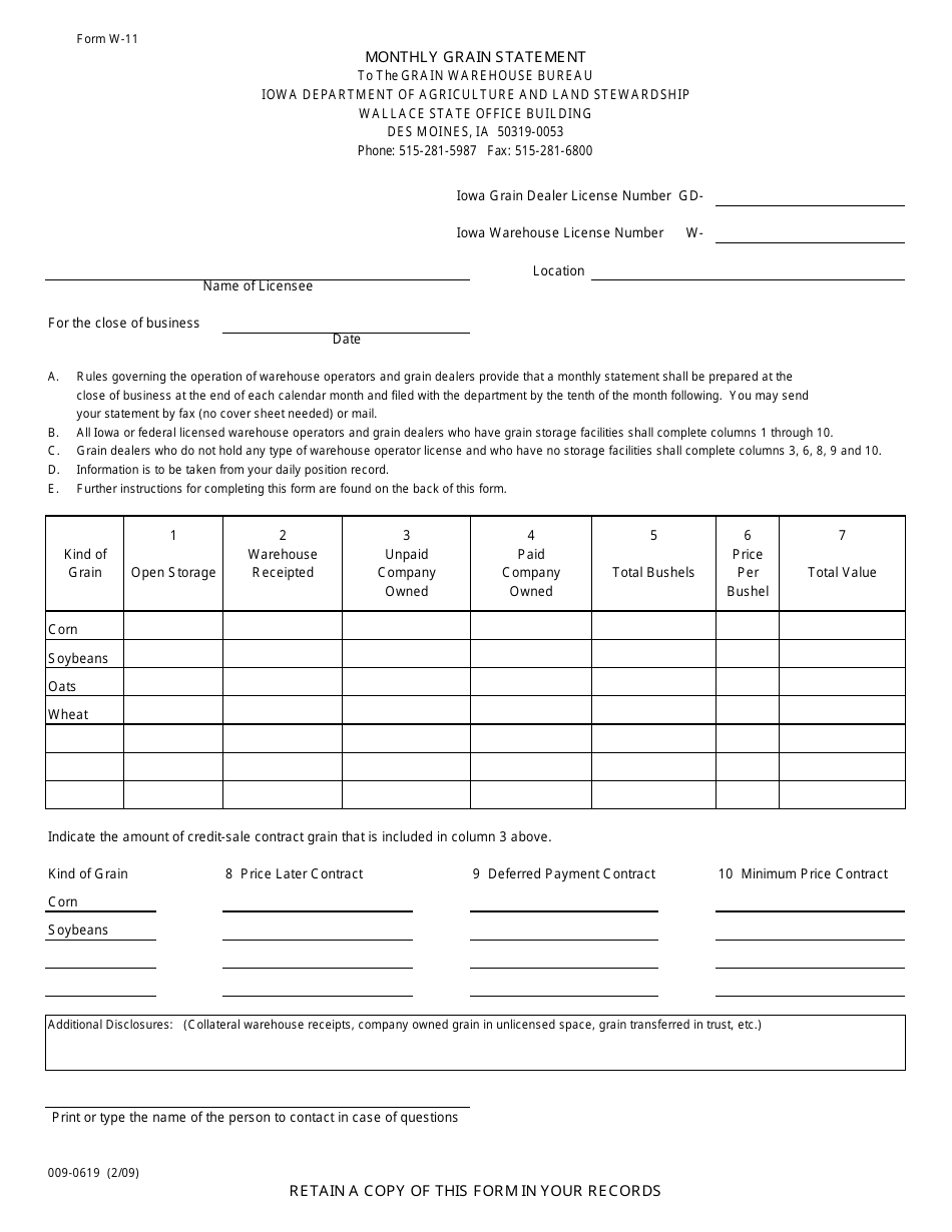 Form W-11 Monthly Grain Statement - Iowa, Page 1