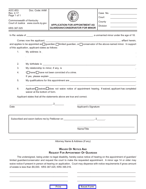 Form AOC-853  Printable Pdf
