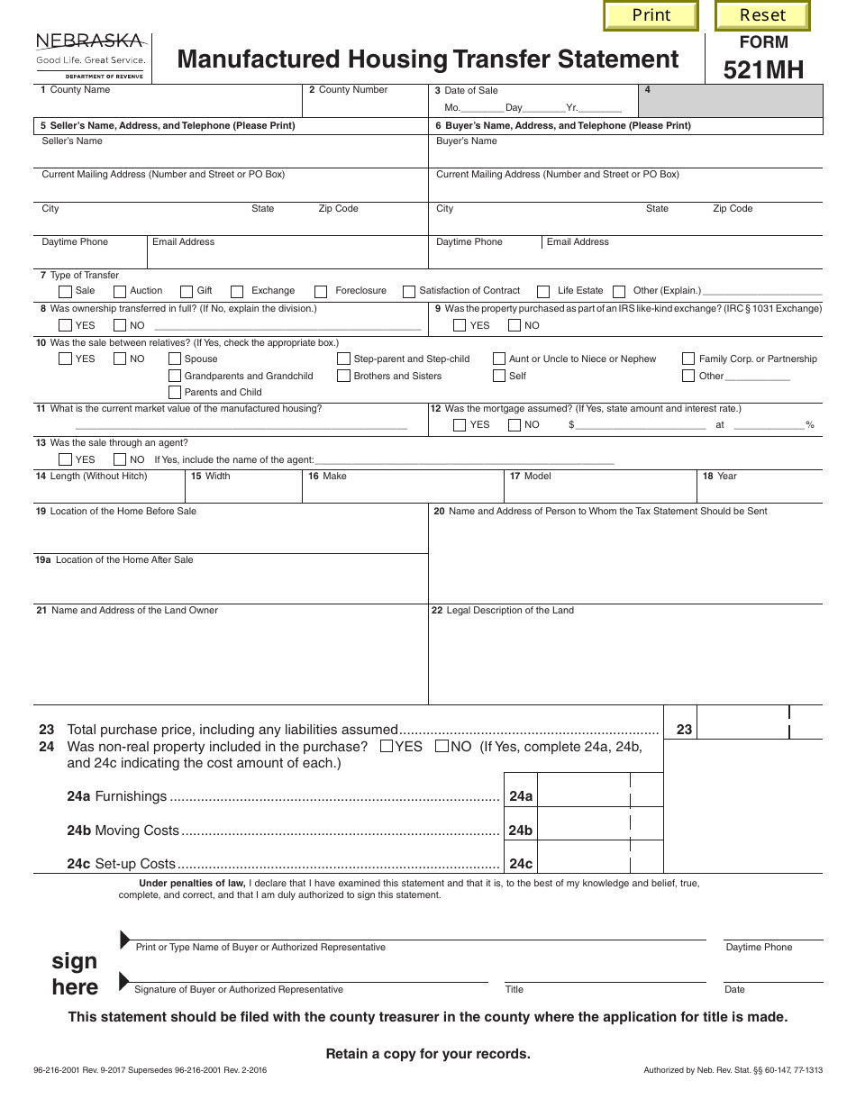 Form 521MH Manufactured Housing Transfer Statement - Nebraska, Page 1