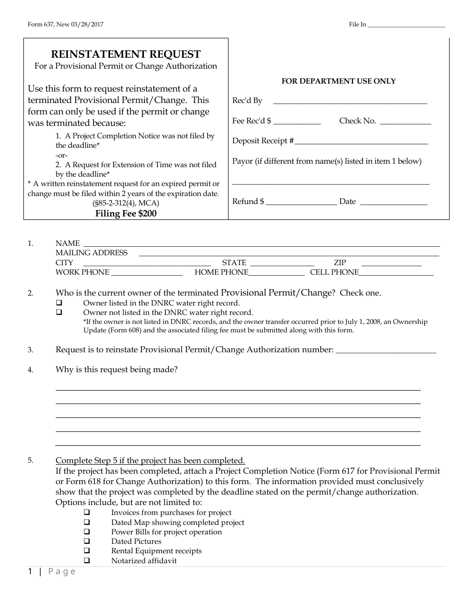 Form 637 Reinstatement Request - Montana, Page 1