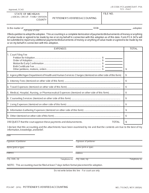 Form PCA347 Petitioner&#039;s Verified Accounting - Michigan