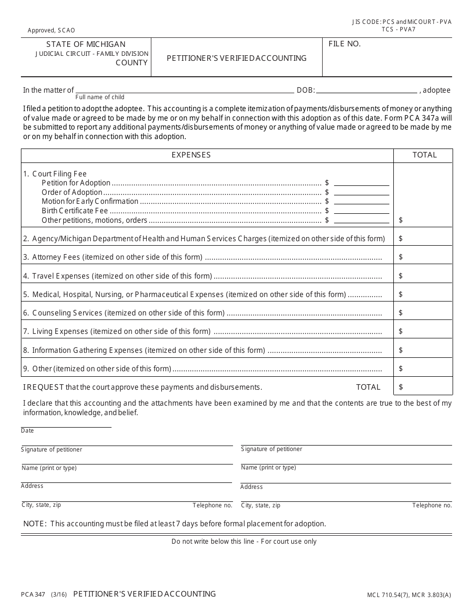 Form PCA347 Petitioners Verified Accounting - Michigan, Page 1