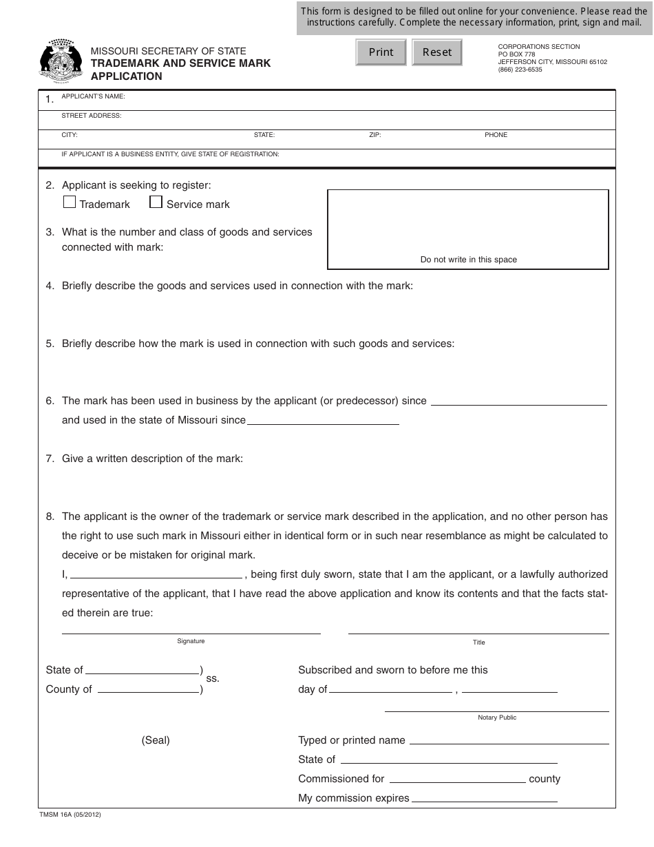 Form TMSM16A Trademark and Service Mark Application - Missouri, Page 1