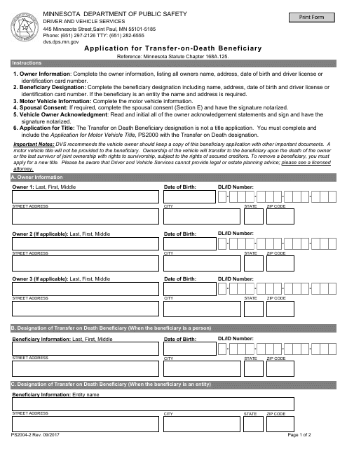 Form PS2004-2 Application for Transfer-On-Death Beneficiary - Minnesota