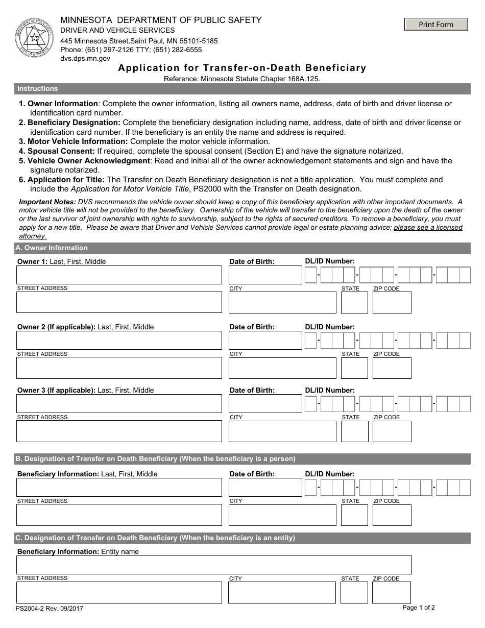 Form PS2004-2 Application for Transfer-On-Death Beneficiary - Minnesota, Page 1