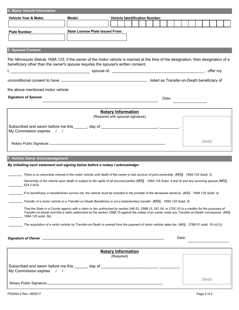 Form PS2004-2 Application for Transfer-On-Death Beneficiary - Minnesota, Page 2