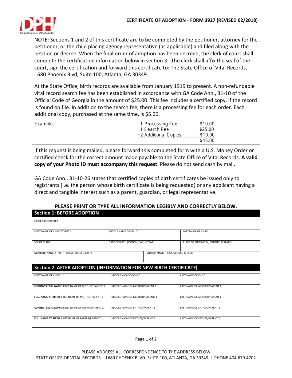 Form 3927 Certificate of Adoption - Georgia (United States), Page 1