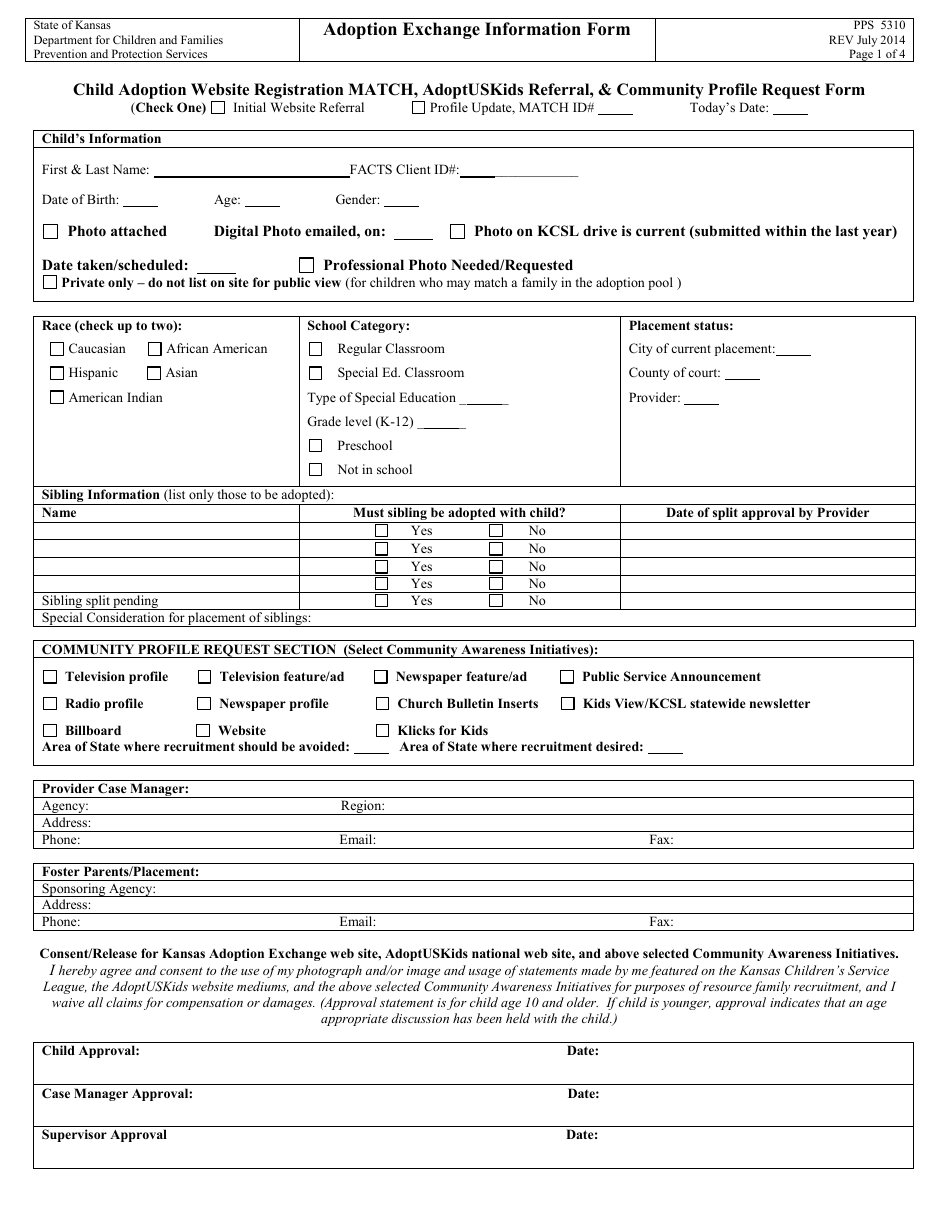 Form PPS5310 Adoption Exchange Information Form - Child Adoption Website Registration Match, Adoptuskids Referral,  Community Profile Request Form - Kansas, Page 1