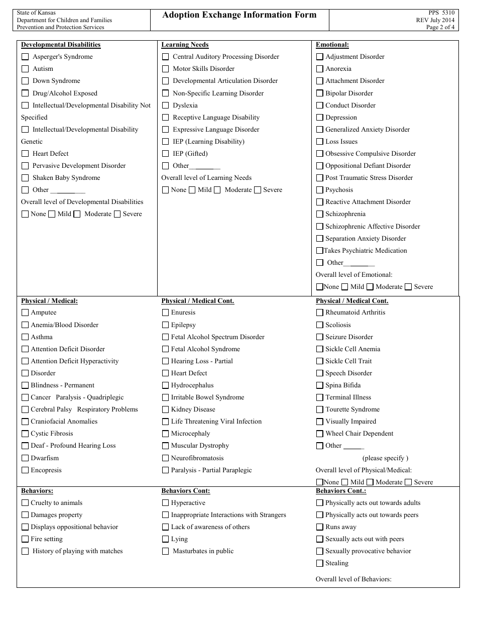 Form PPS5310 Adoption Exchange Information Form - Child Adoption Website Registration Match, Adoptuskids Referral,  Community Profile Request Form - Kansas, Page 2
