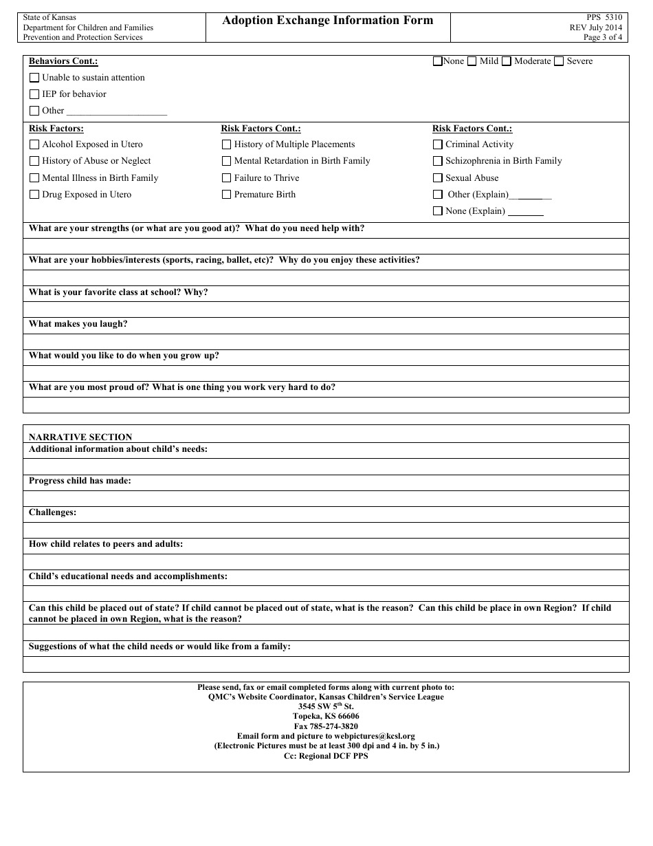 Form PPS5310 Adoption Exchange Information Form - Child Adoption Website Registration Match, Adoptuskids Referral,  Community Profile Request Form - Kansas, Page 3
