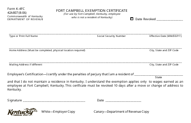 Form 42A807 (K-4FC) &quot;Fort Campbell Exemption Certificate&quot; - Kentucky