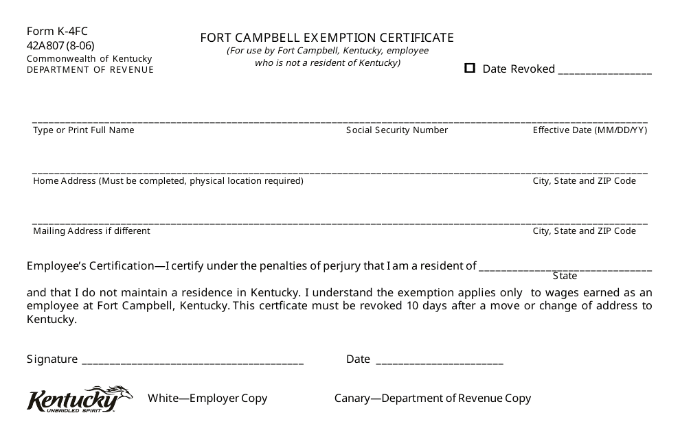Form 42A807 (K-4FC) Fort Campbell Exemption Certificate - Kentucky